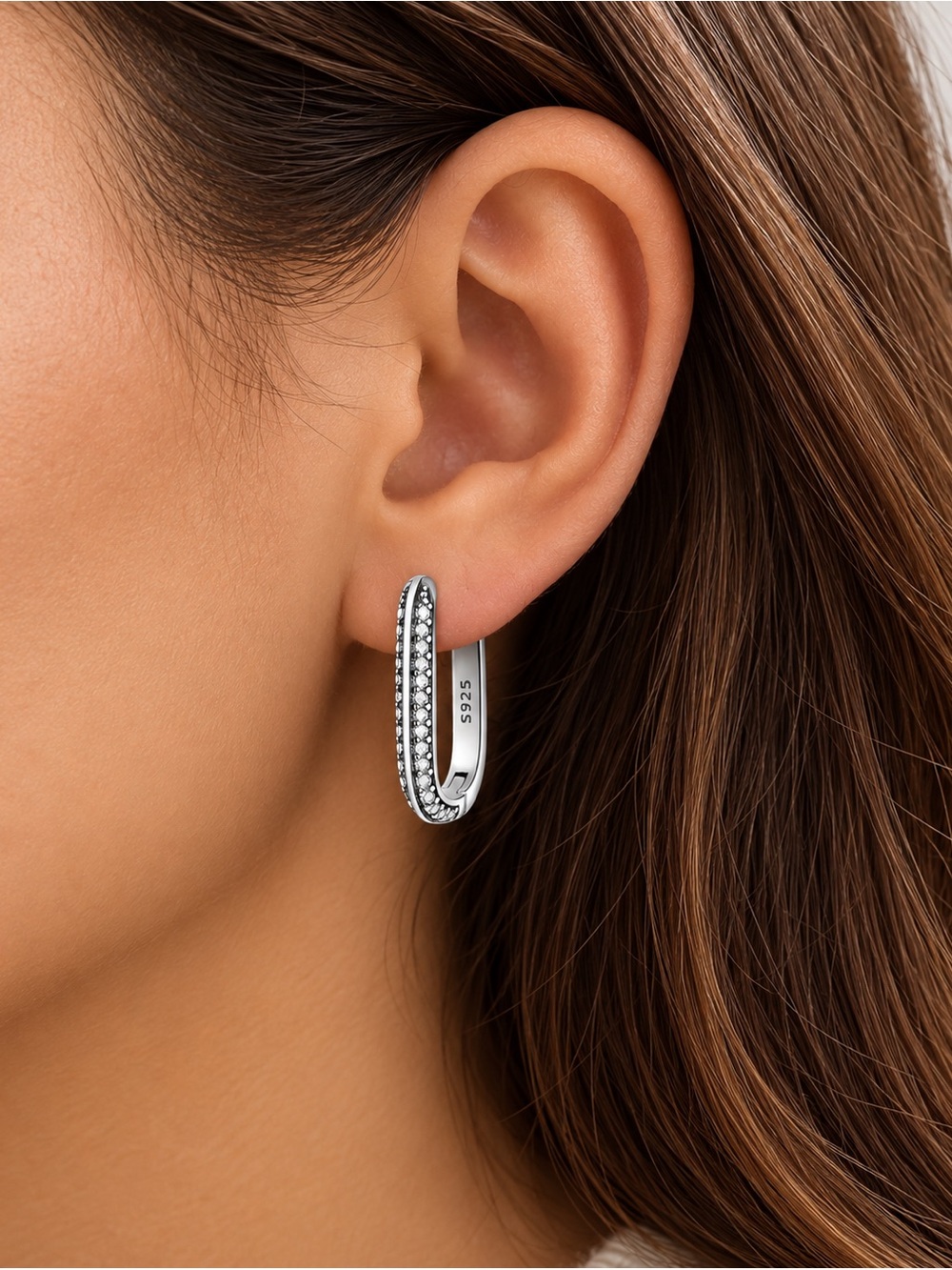 Italian Luxury Jewelry 925 Sterling Silver Pave Crystal Hoop Earrings